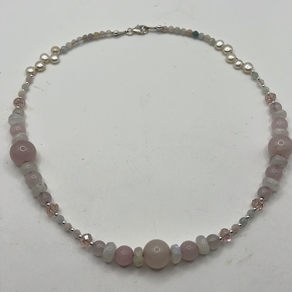 ROSE QUARTZ, MOONSTONE, MORGANITE, PINK AB CRYSTAL, AND STERLING NECKLACE 17” - Picture 6 of 15